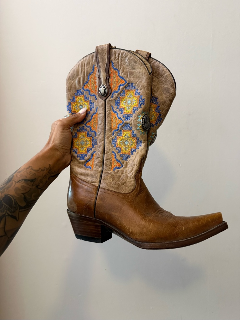Corral Brown Leather Cowboy Boots with Blue & Yellow Embroidery and Silver - Picture 2 of 9